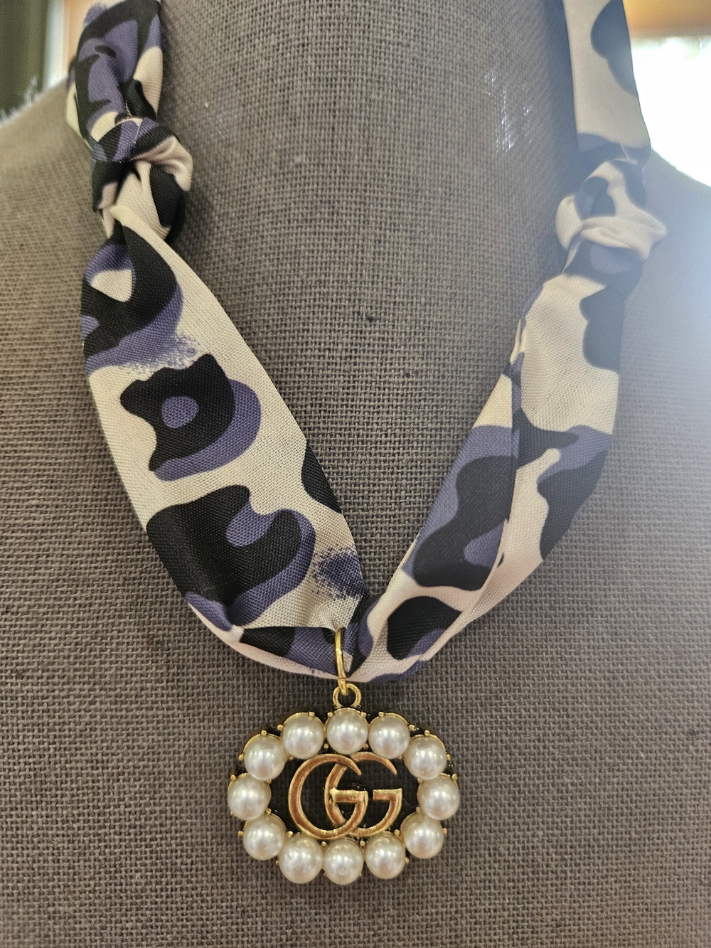 Pearl-Trim Gold Logo Scarf Necklace